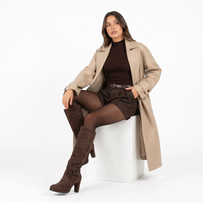 BOTA LARGA MUJER GAMUZA TACO GRUESO PLATAFORMA HEBILLA - 4
