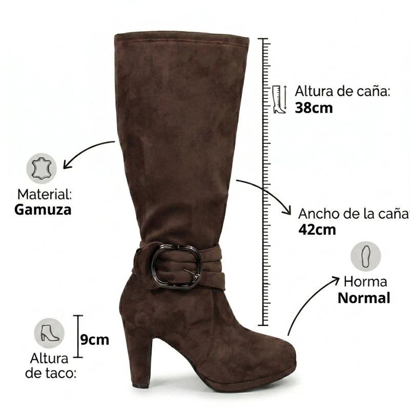 BOTA LARGA MUJER GAMUZA TACO GRUESO PLATAFORMA HEBILLA - 7