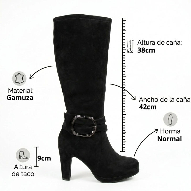 BOTA LARGA MUJER GAMUZA TACO GRUESO PLATAFORMA HEBILLA - 7