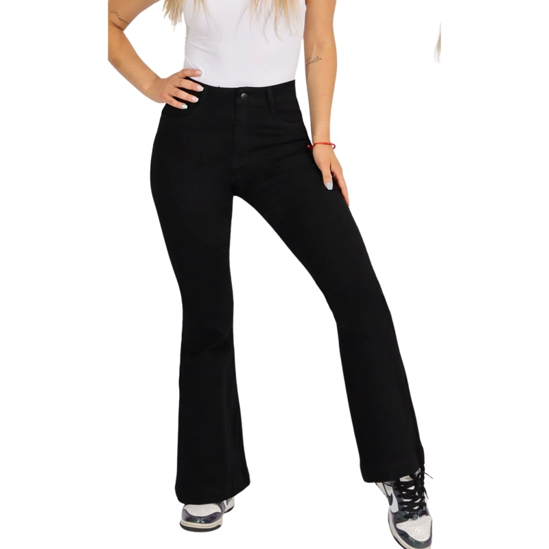 JEANS FLARE TIRO ALTO CON BOTON Y BOLSILLOS - 1
