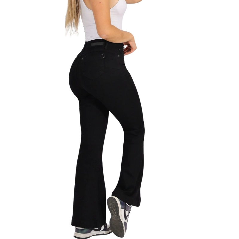JEANS FLARE TIRO ALTO CON BOTON Y BOLSILLOS - 4