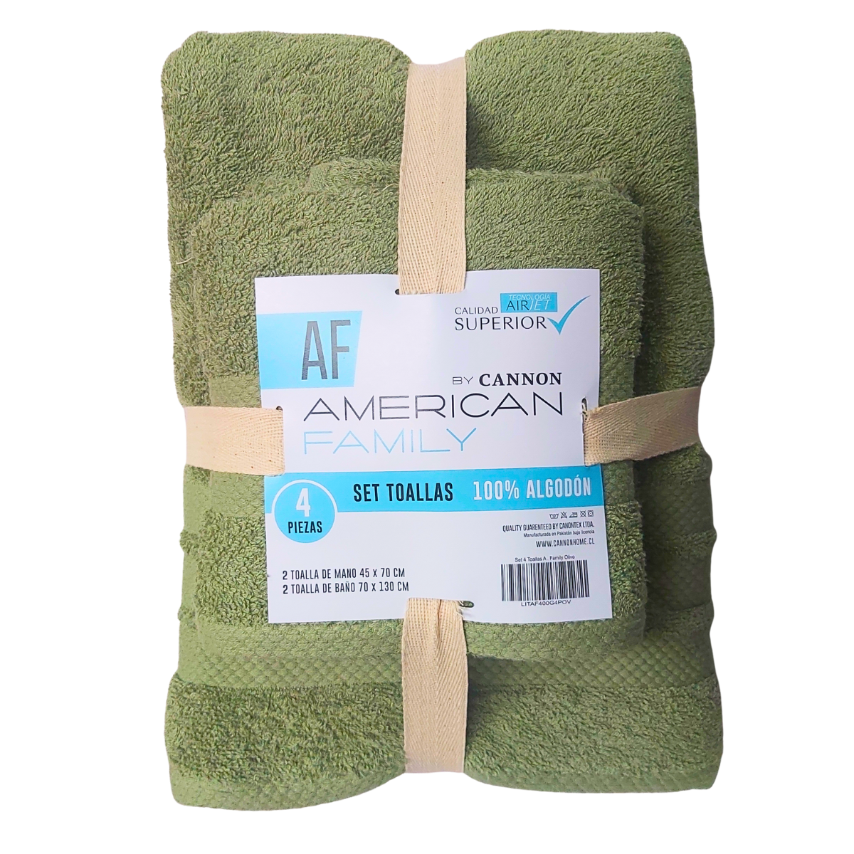 SET DE TOALLA BAÑO + MANO 4 PIEZAS DE 400G AF BY CANNON OLIVO - 1