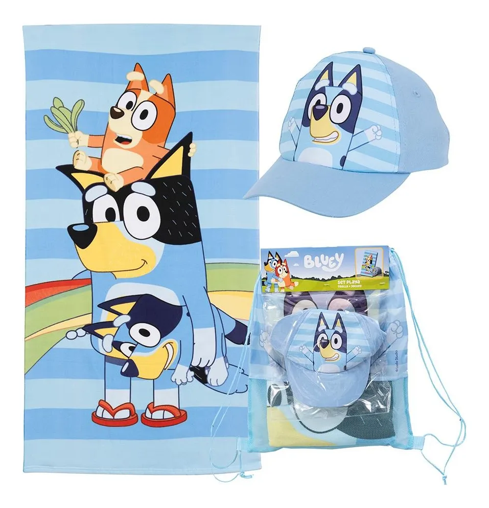 TOALLA DE PLAYA INFANTIL CON BOLSO 70X140 + JOCKEY MASHINI BLUEY FAMILIA - 1