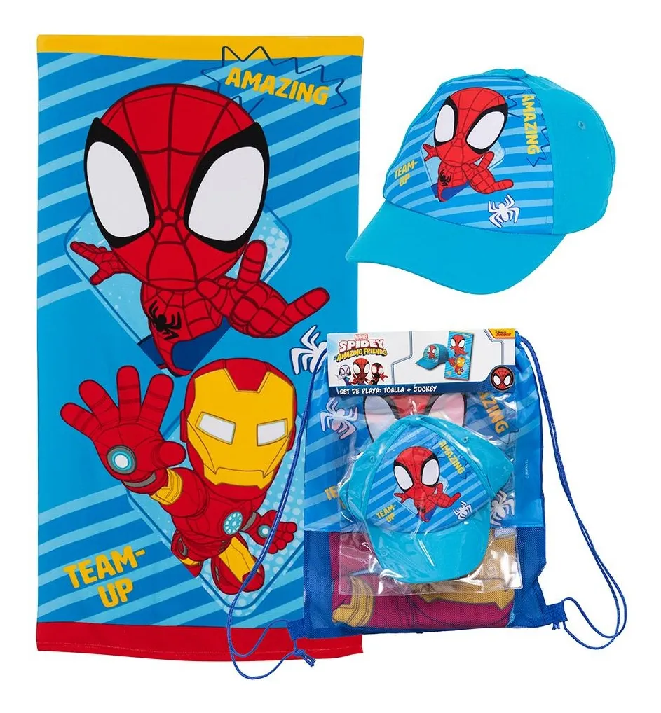 TOALLA DE PLAYA INFANTIL CON BOLSO 70X140 + JOCKEY MASHINI SPIDERMAN POD - 1