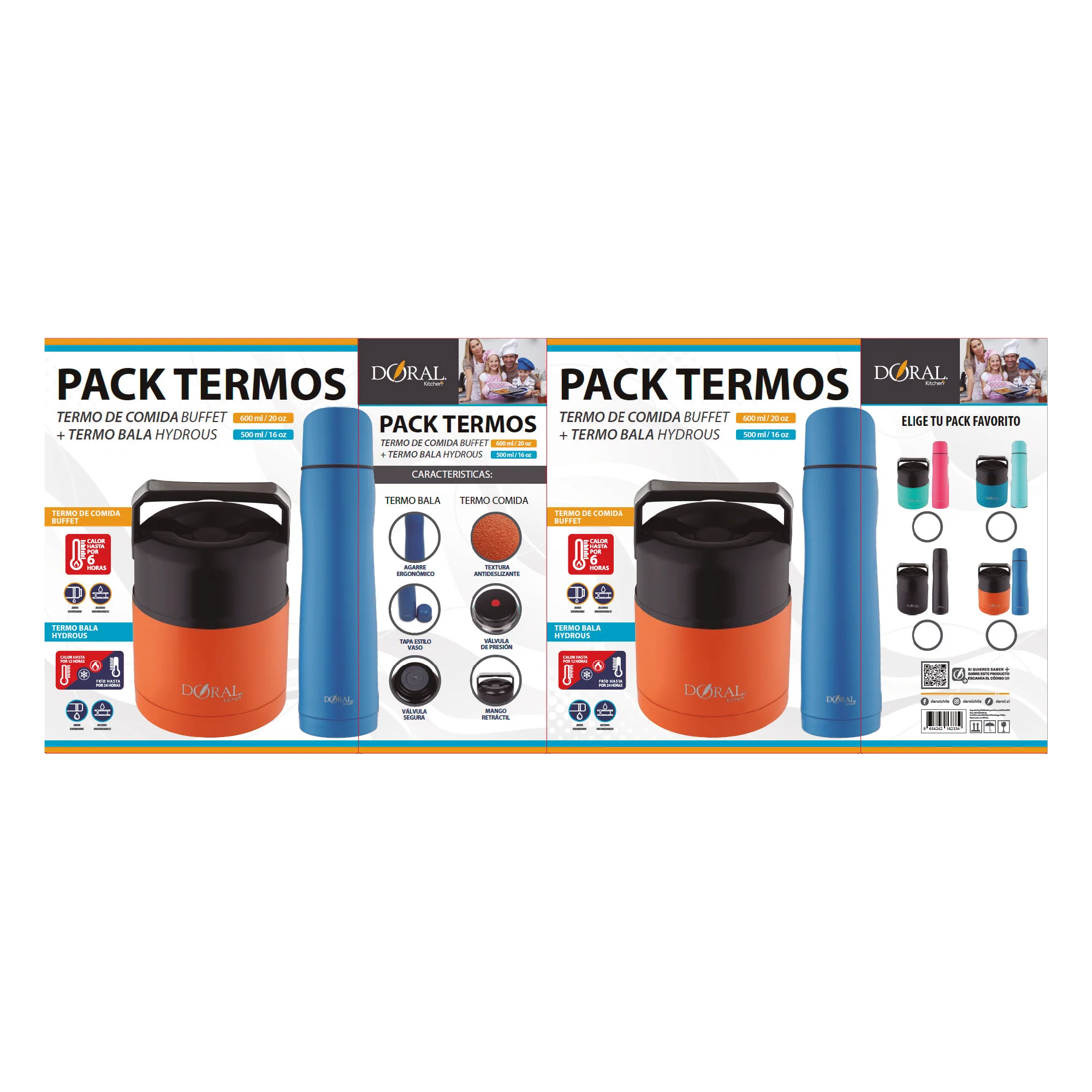 PACK TERMO COMIDA 600ML BUFFET + TERMO BALA 500ML DORAL AZUL/NARANJA - 2