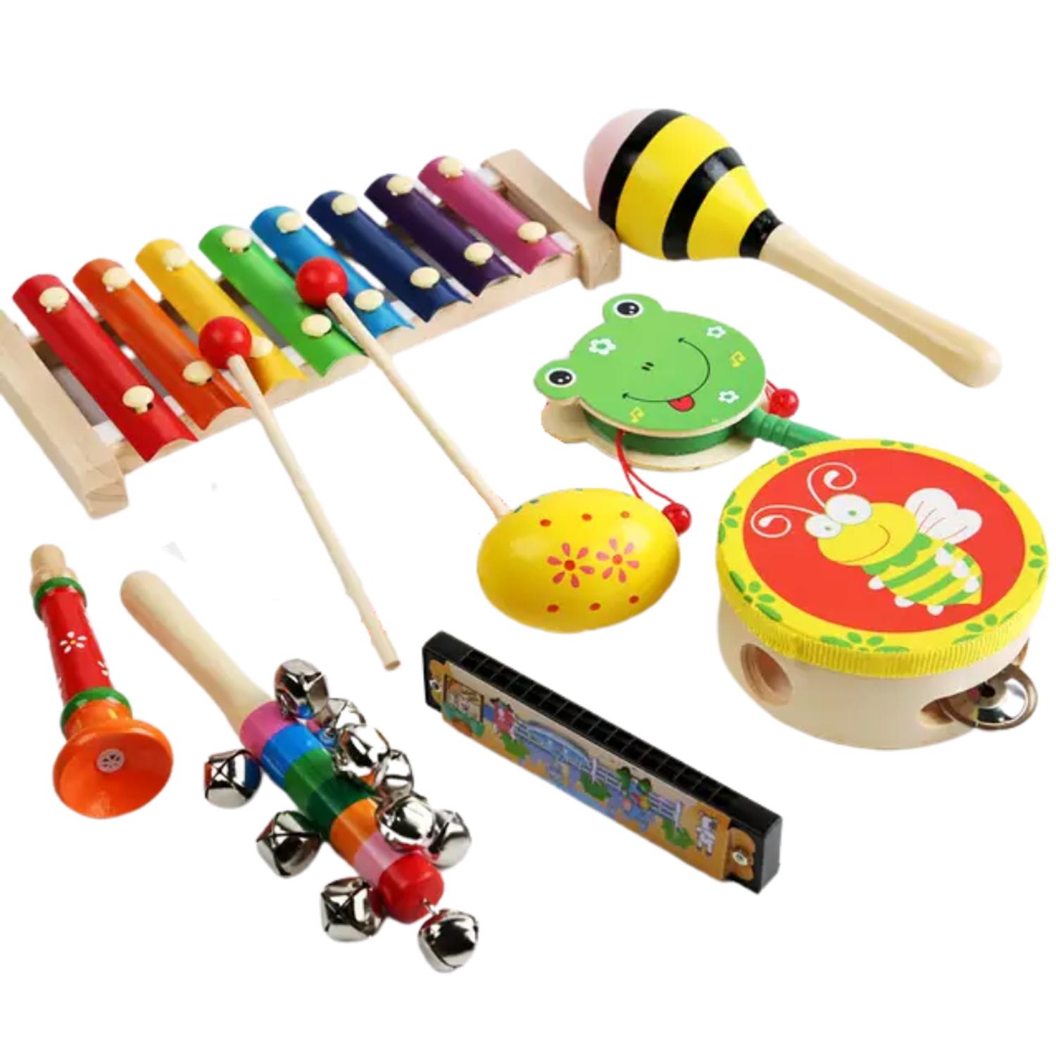Set De 10 Instrumentos Musicales De Madera Para Niños | Tambor, Xilófono, Campana | Juguete Montessori Para 3-6 Años | Regalo Educativo Para Cumpleaños Y Navidad
