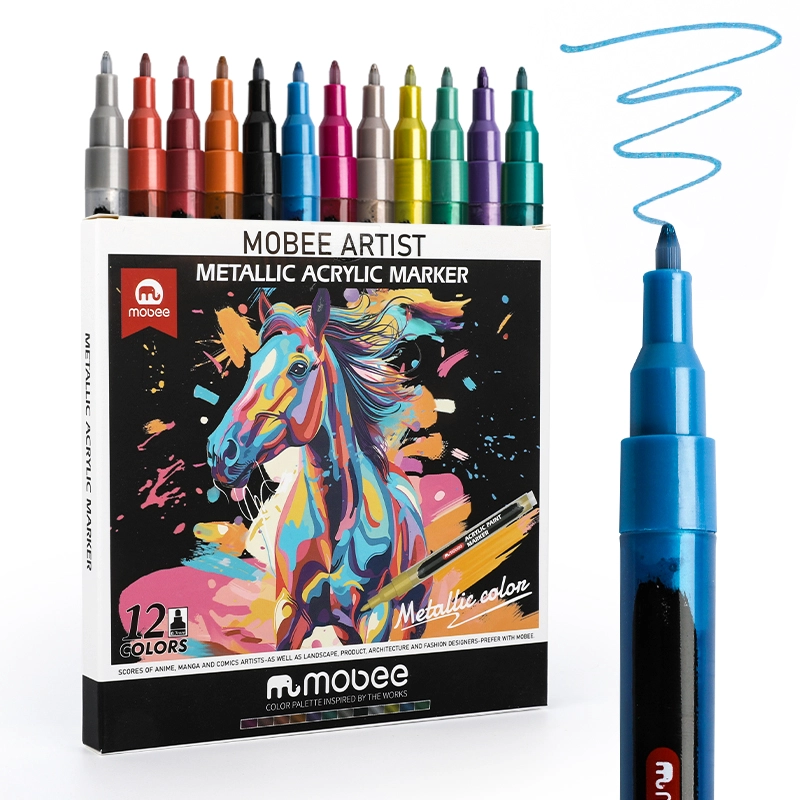MARCADORES ACRILICOS MOBEE 12 COLORES METALICO PUNTA FINA TIPO POSCA - 1