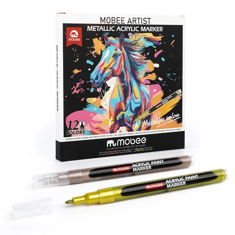 MARCADORES ACRILICOS MOBEE 12 COLORES METALICO PUNTA FINA TIPO POSCA - 2