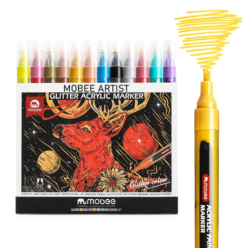 MARCADORES ACRILICOS MOBEE 12 COLORES GLITTER TIPO POSCA - 1