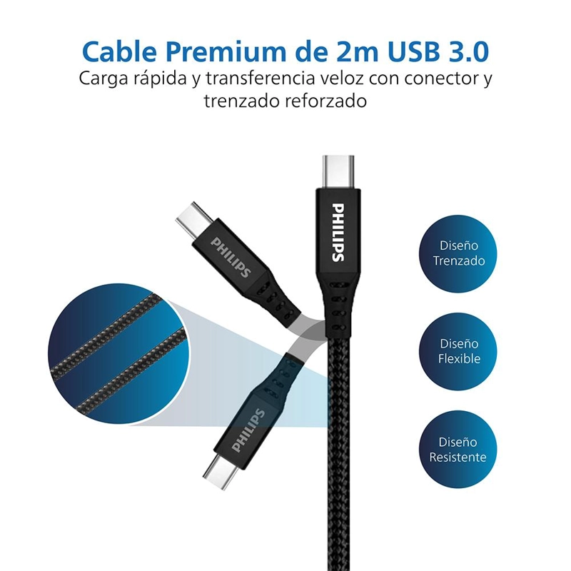 CABLE TRENZADO USB-C A USB-C PHILIPS DLC5206C NEGRO - 2