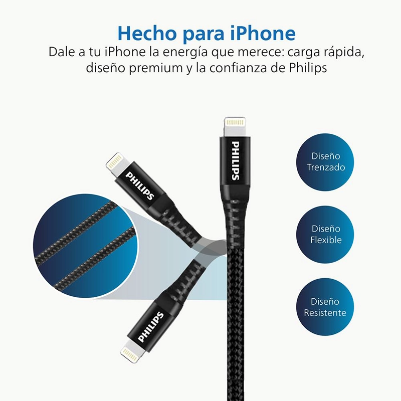 CABLE TRENZADO USB-C A LIGHTNING PHILIPS DLC5206L NEGRO - 2