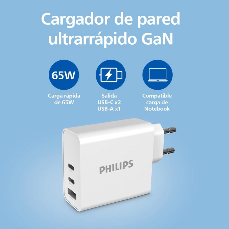 CARGADOR DE PARED GAN 65W CON 2 USB-C Y 1 USB-A CARGA RAPIDA PHILIPS DLP2683 - 4