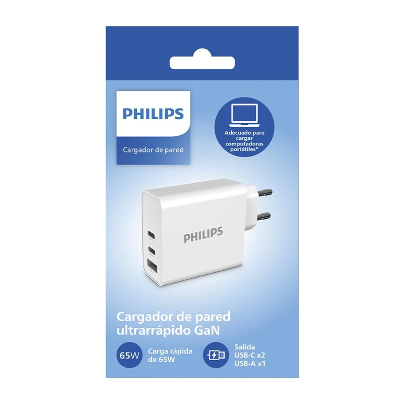 CARGADOR DE PARED GAN 65W CON 2 USB-C Y 1 USB-A CARGA RAPIDA PHILIPS DLP2683 - 5