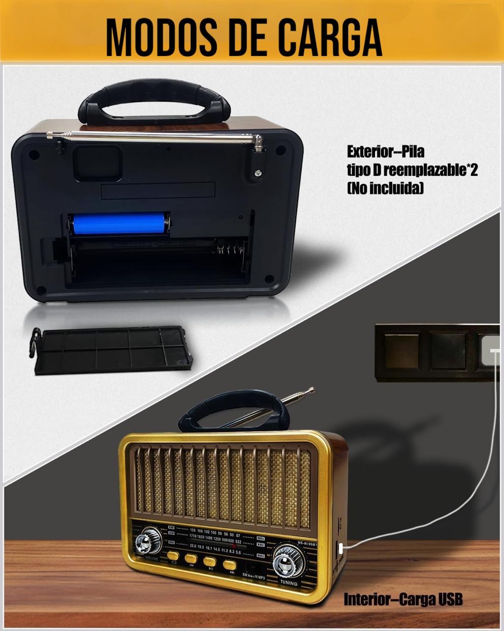 RADIO PORTÁTIL BLUETOOTH RECARGABLE Y A PILAS AM/FM MP3 VINTAGE - 3