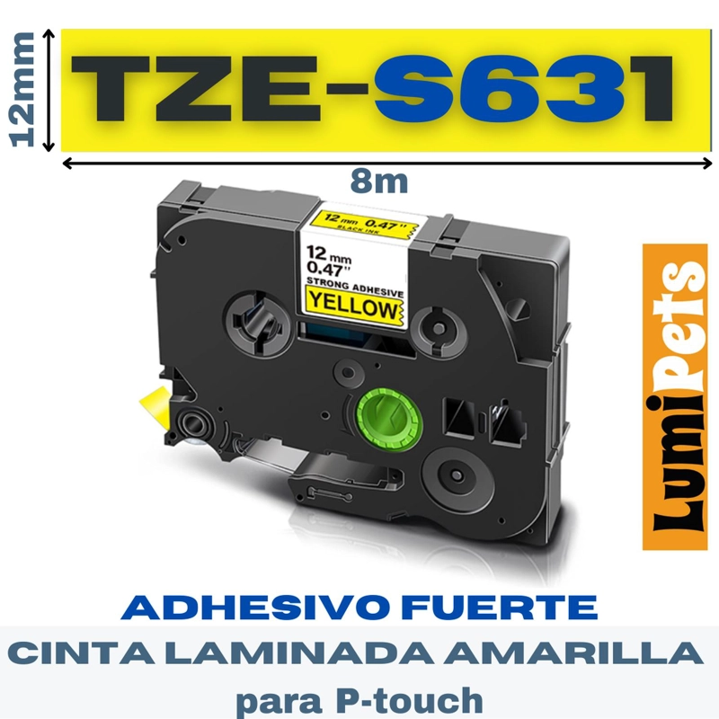 CINTA LUMIPETS TZE-S631 PARA ROTULADORA BROTHER MODELO PT 12MM X 8M ADHESIVO FUERTE - 1