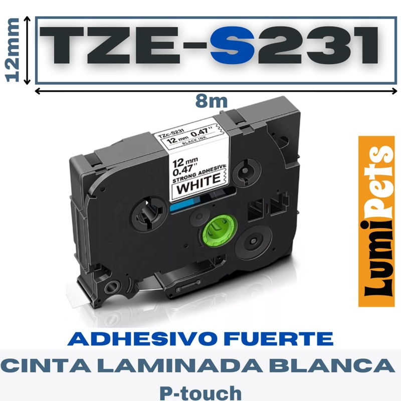 CINTA LUMIPETS TZE-S231 PARA ROTULADORA BROTHER MODELO PT 12MM X 8M ADHESIVO FUERTE - 1