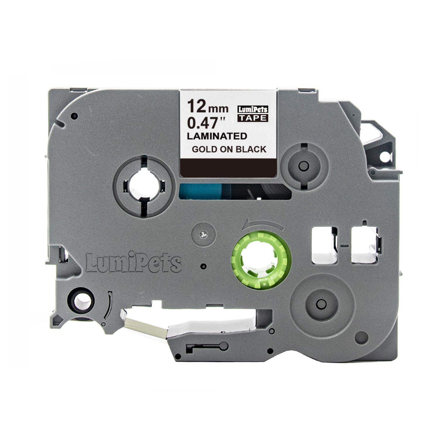 CINTA ALTERNATIVA BROTHER PT-H110 12MM X 8M VARIOS COLORES TAMAÑO 110C NEGRA LETRA DORADA - 1