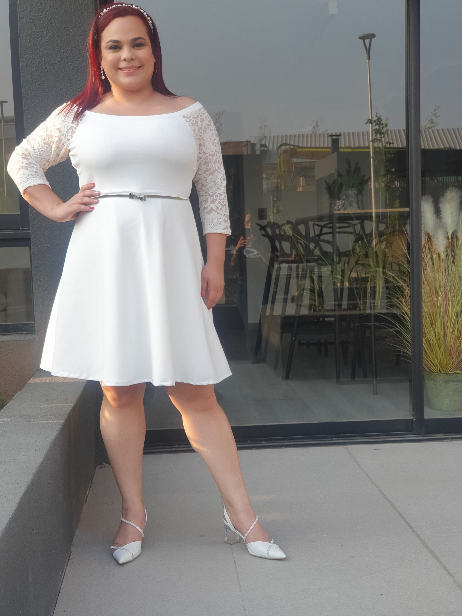 VESTIDO ACAMPANADO MUJER KADRIHEL BLANCO SN08 S/CINTURON IDEAL PARA BODA MATRIMONIO CIVIL - 1