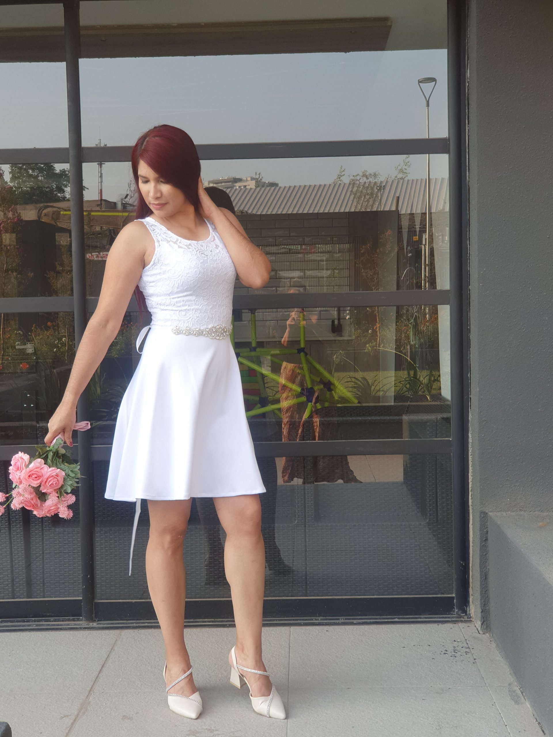 VESTIDO MUJER KADRIHEL BLANCO SN10 SEMI-ACAMPANADO S/CINTURON IDEAL PARA BODA MATRIMONIO CIVIL - 2
