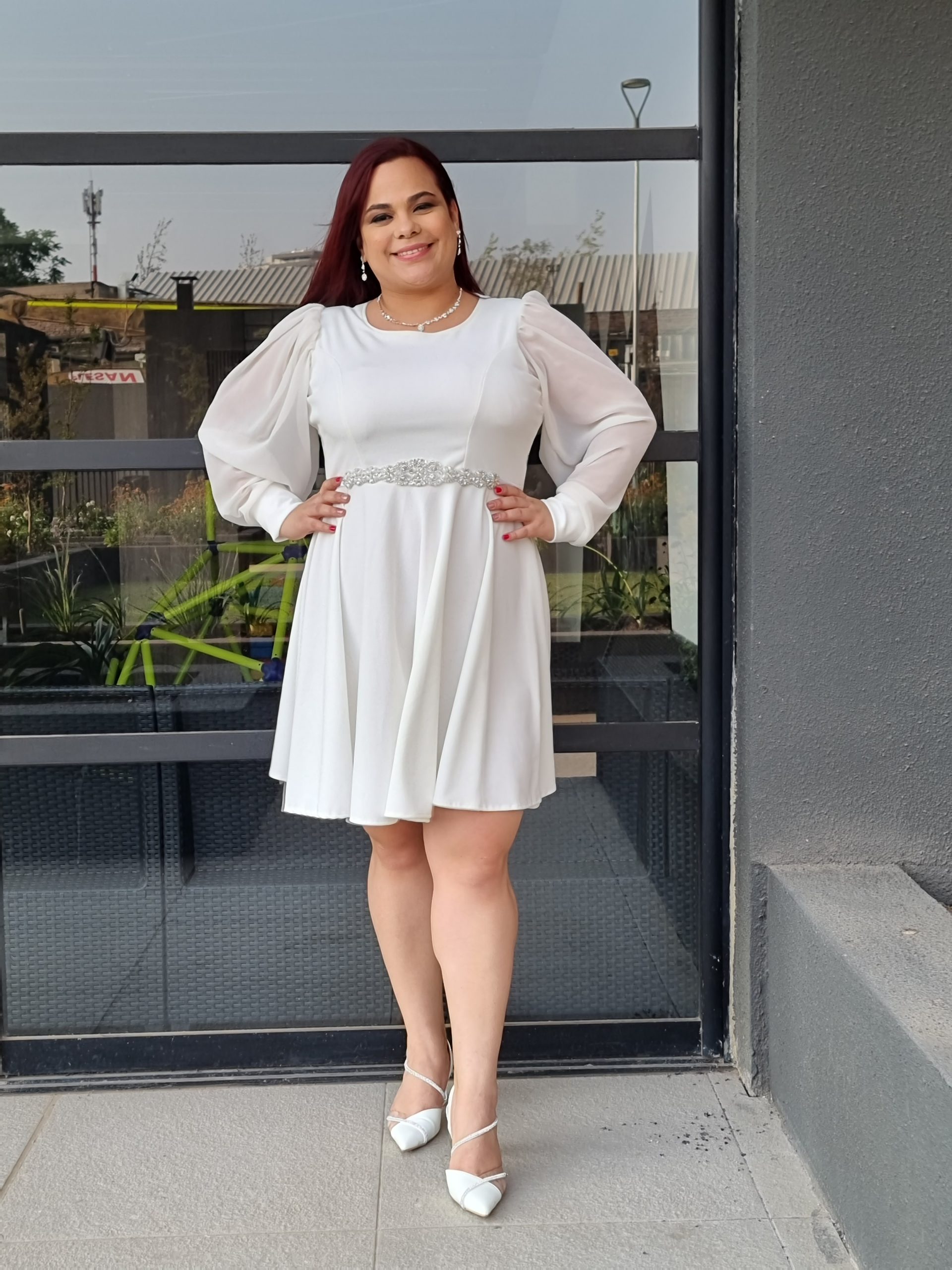 VESTIDO MUJER KADRIHEL BLANCO SN14 SEMI-ACAMPANADO S/CINTURON IDEAL PARA BODA MATRIMONIO CIVIL - 2