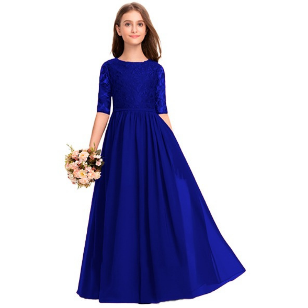VESTIDO LARGO NIÑA KADRIHEL AZUL MARINO DE GASA IDEAL PARA FIESTA BAUTIZO COMUNION MATRIMONIO N014 - 1