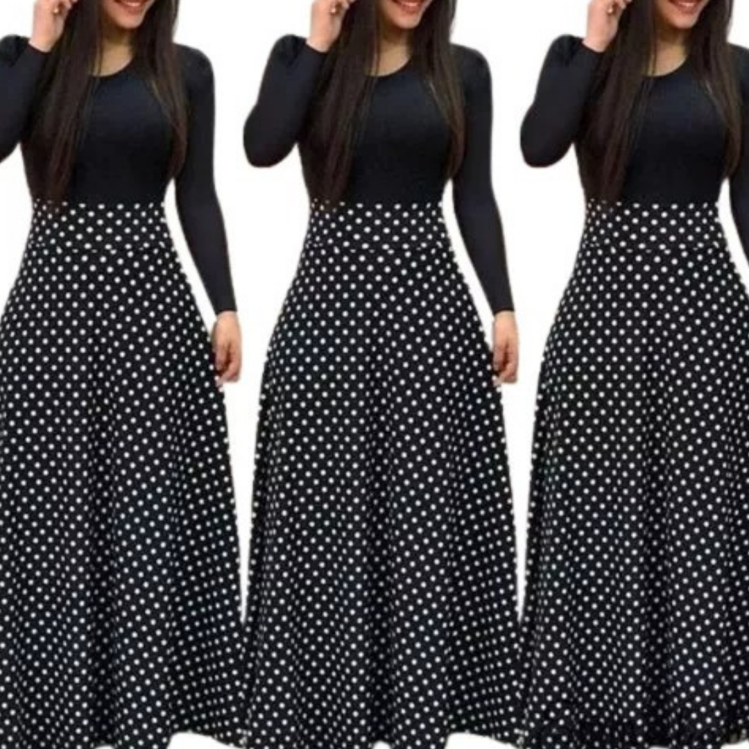 VESTIDO LARGO MUJER KADRIHEL NEGRO CASUAL DE LUNARES IDEAL PARA FIESTA GALA COCTEL BODA VL005 - 1