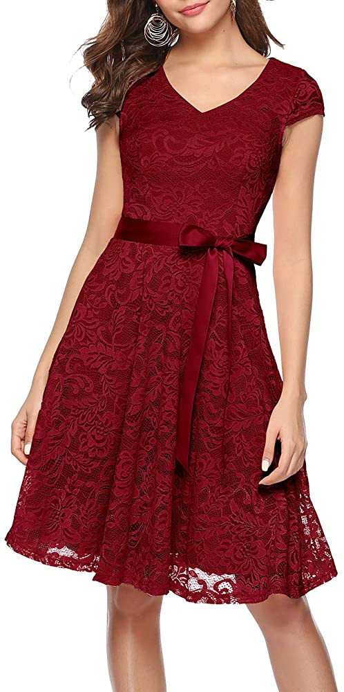 VESTIDO ACAMPANADO MUJER KADRIHEL BLANCO TODO DE ENCAJE IDEAL PARA FIESTA GALA COCTEL BODA VC048 - 1