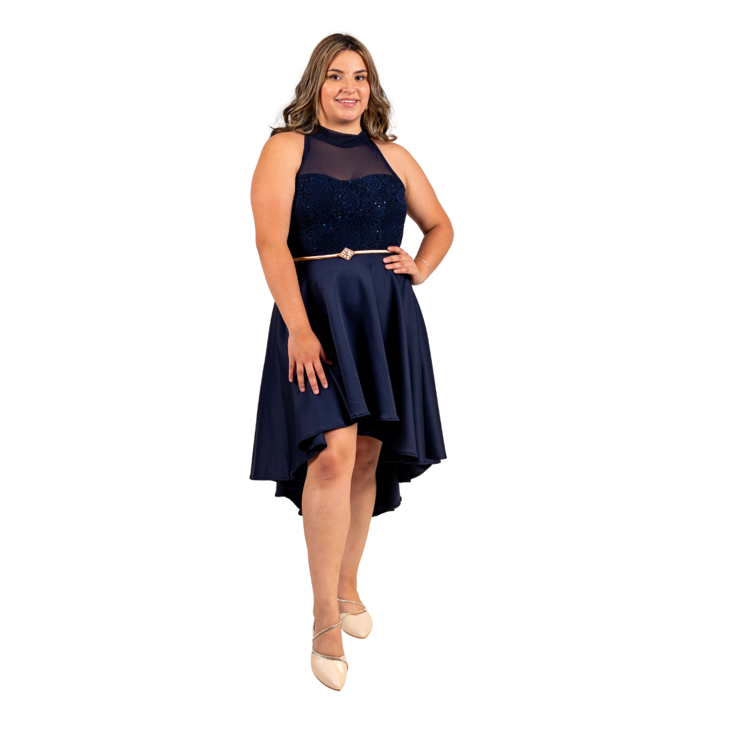 VESTIDO ASIMETRICO MUJER KADRIHEL AZUL MARINO CUELLO ALTO IDEAL PARA FIESTA GALA COCTEL BODA VA020 - 1