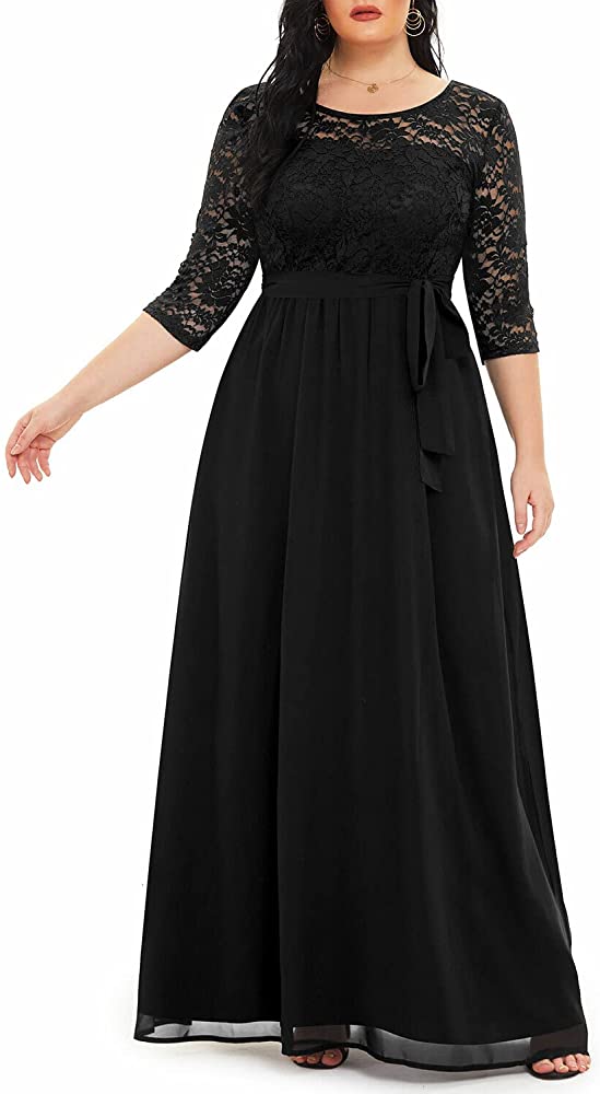 VESTIDO LARGO MUJER KADRIHEL NEGRO ENCAJE GASA IDEAL PARA FIESTA GALA COCTEL BODA VL010 - 1