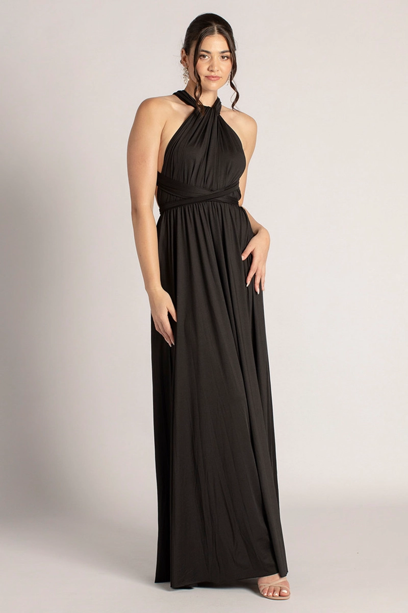 VESTIDO MULTIUSO CON ABERTURA EN PIERNA MULTIFORMAS IDEAL PARA DAMA DE HONOR FIESTAS GALA.  NEGRO - 2