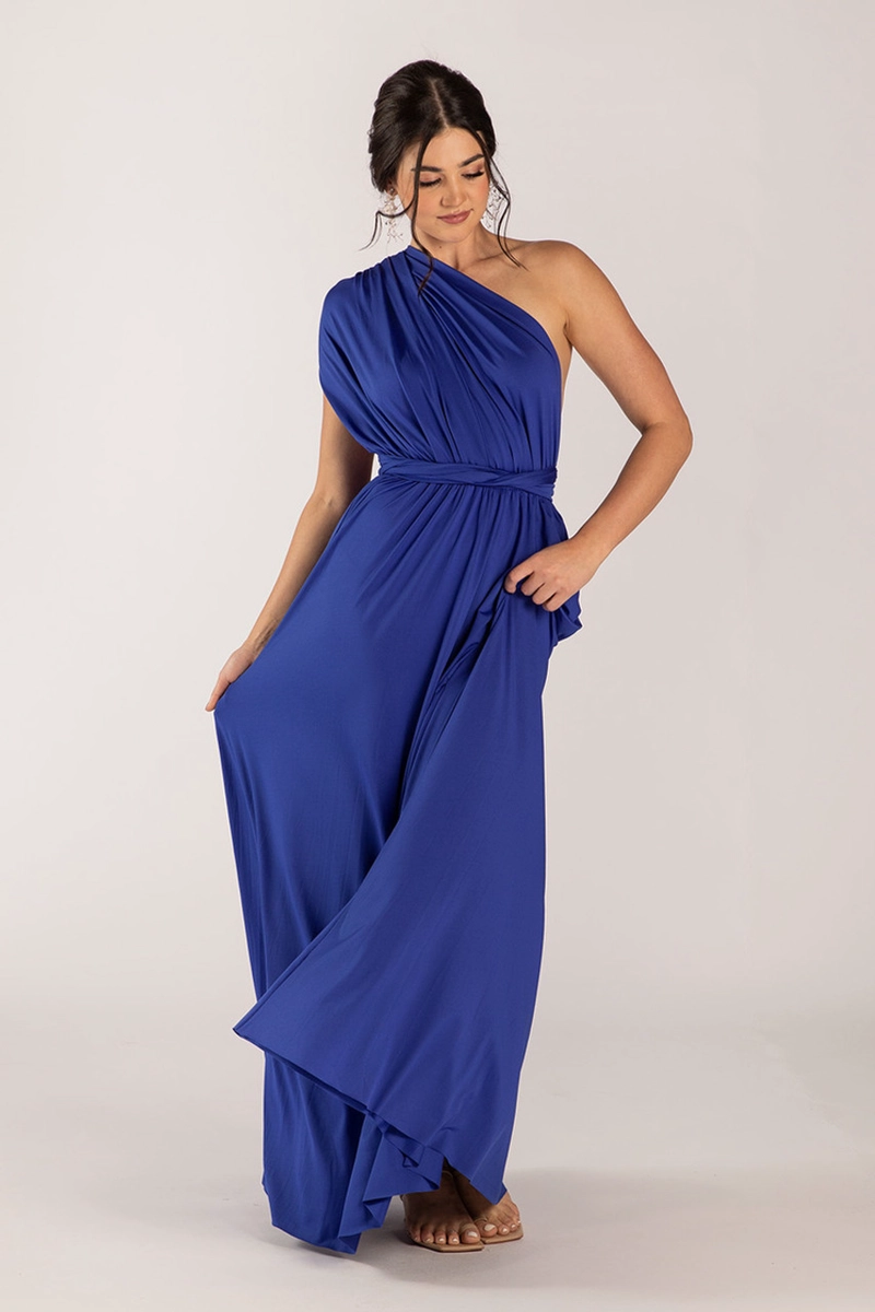 VESTIDO MULTIUSO CON ABERTURA EN PIERNA  MULTIFORMAS IDEAL PARA DAMA DE HONOR FIESTAS GALA. AZUL REY - 1