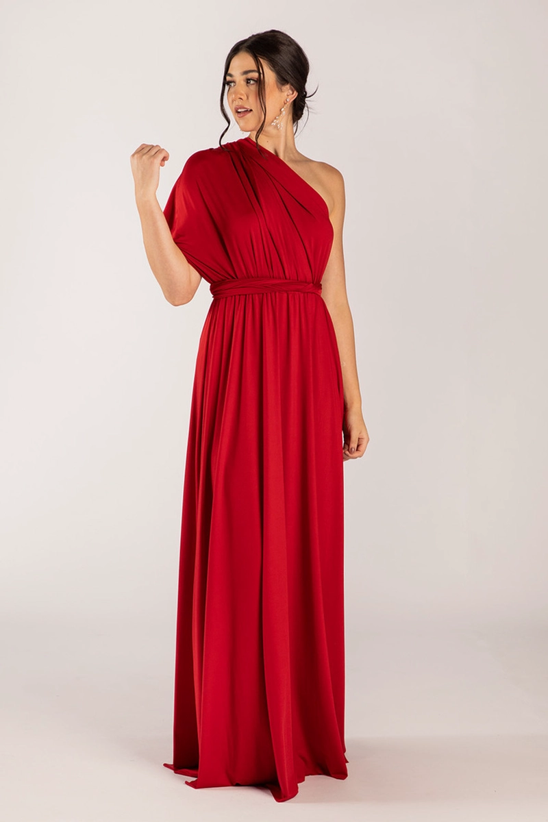 VESTIDO MULTIUSO CON ABERTURA EN PIERNA MULTIFORMAS IDEAL PARA DAMA DE HONOR FIESTAS GALA. ROJO - 1