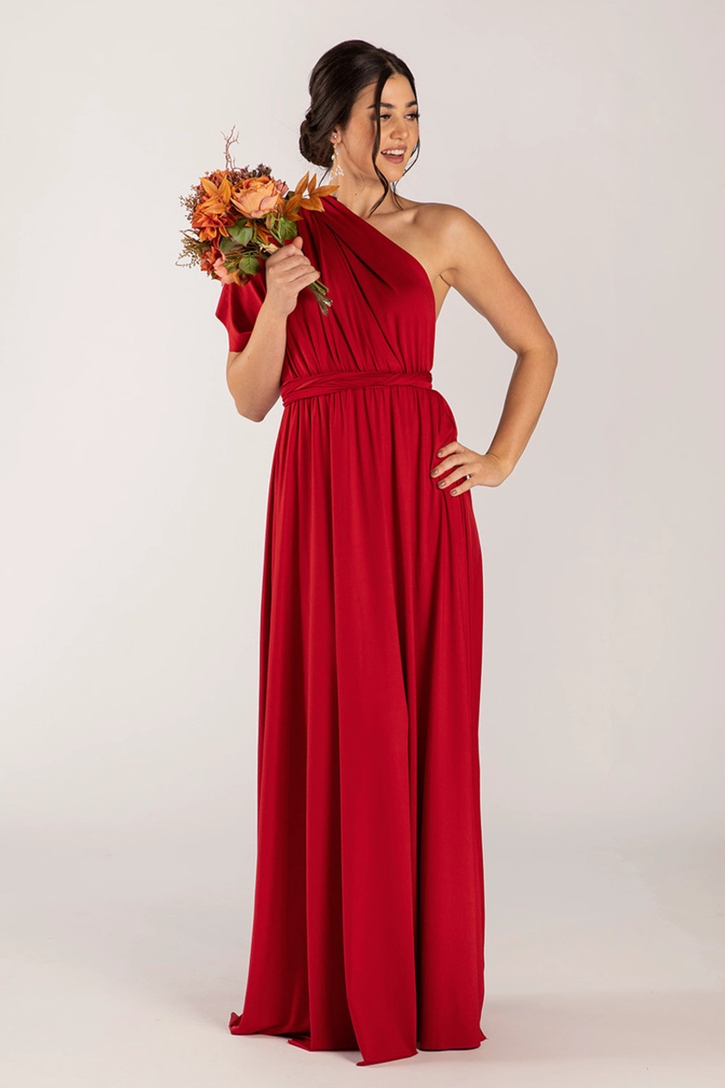 VESTIDO MULTIUSO CON ABERTURA EN PIERNA MULTIFORMAS IDEAL PARA DAMA DE HONOR FIESTAS GALA. ROJO - 2
