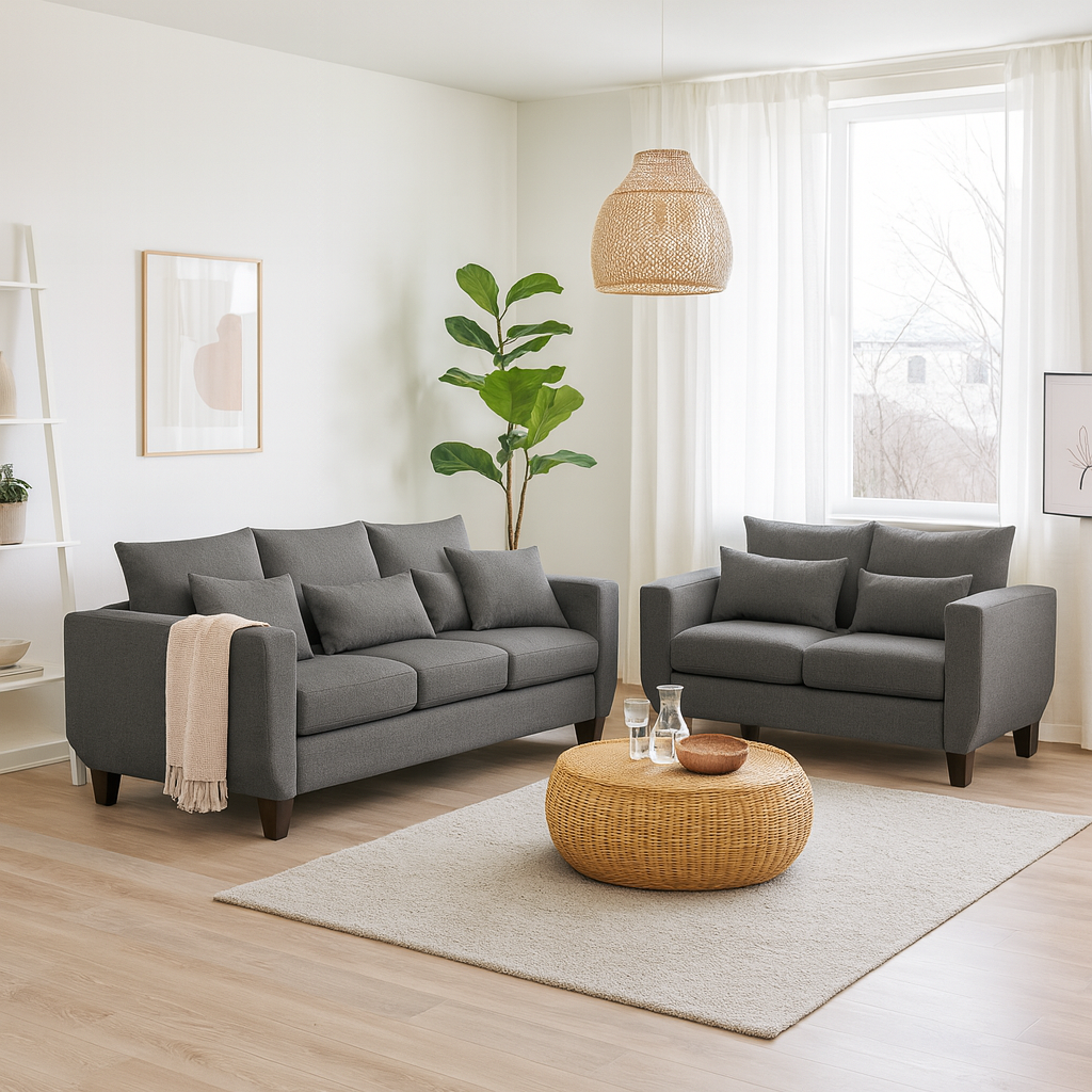 SOFA 3 Y 2 CUERPOS ROQUE EN TELA GRIS, SET PARA LIVING - 1