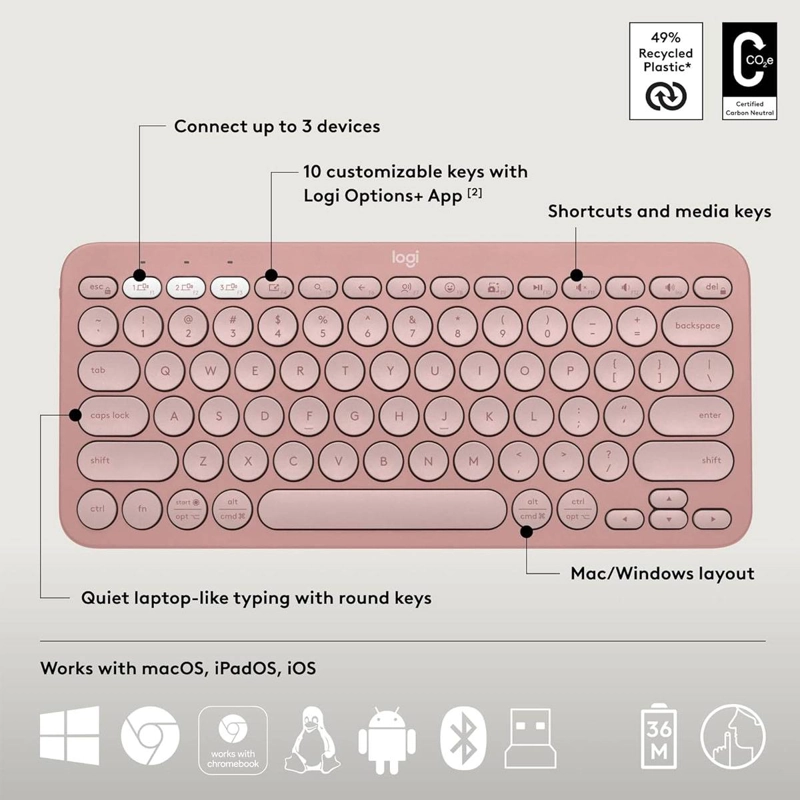 TECLADO LOGITECH PEBBLE KEYS 2 K380S ROSADO ESPAÑOL - 2