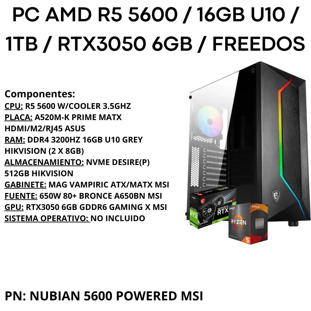 PC GAMER NUBIAN 5600X: R5 5600X/16GB U10/512GB NVME/RTX3050 - 3