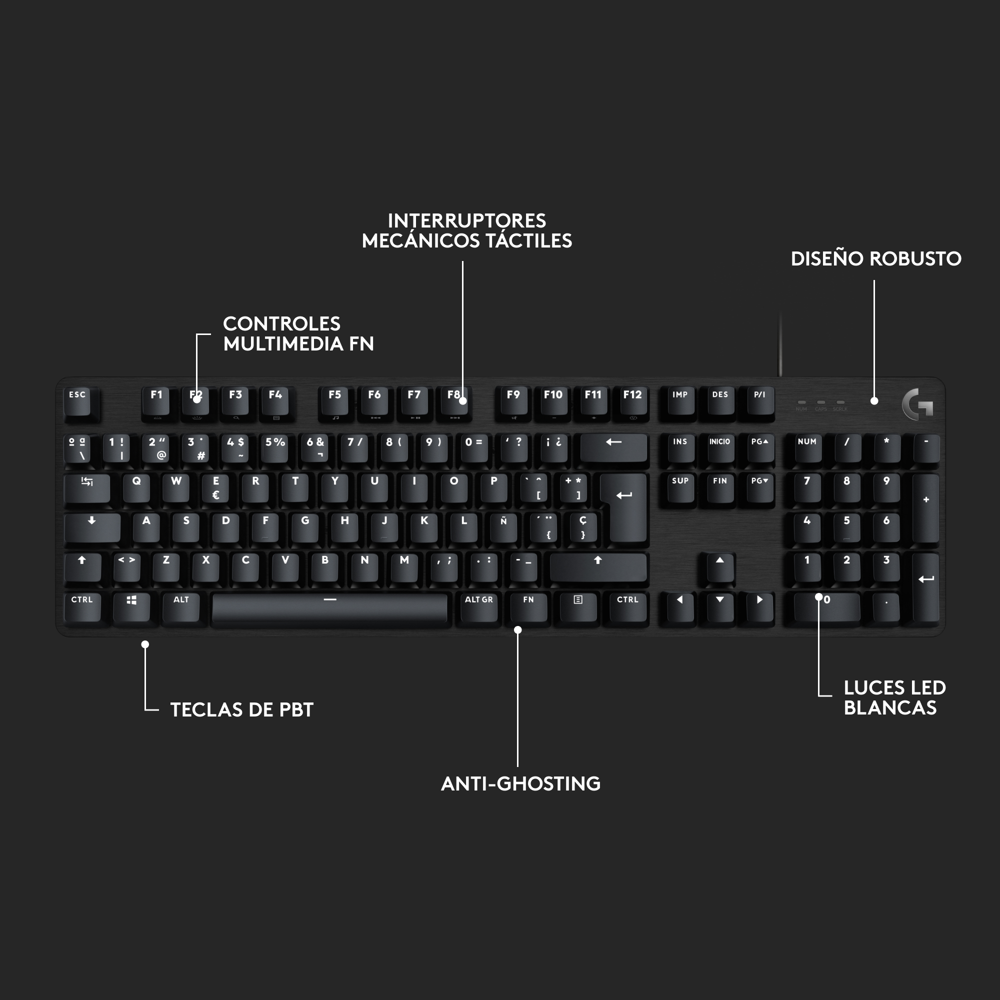 TECLADO LOGITECH G413 SE SW TACTILE LED BLANCO PBT - 8