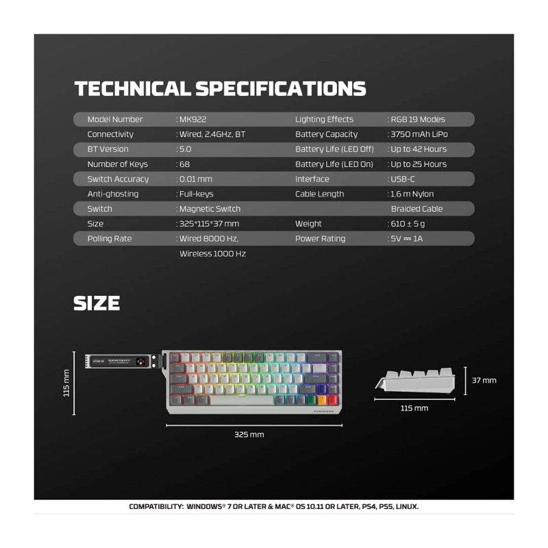 TECLADO FANTECH MK922 ATOM HE68 PRO SUPERMAXFIT SW EMERALD - 7