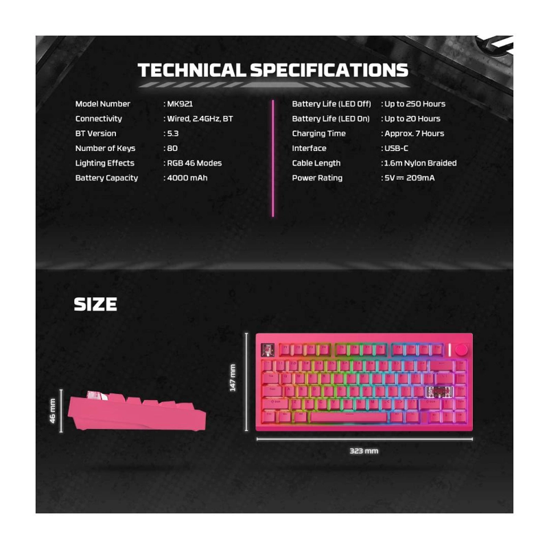 TECLADO INALAMBRICO FANTECH MK921 MAXFIT8 ROSIE PINK S WHITE - 8