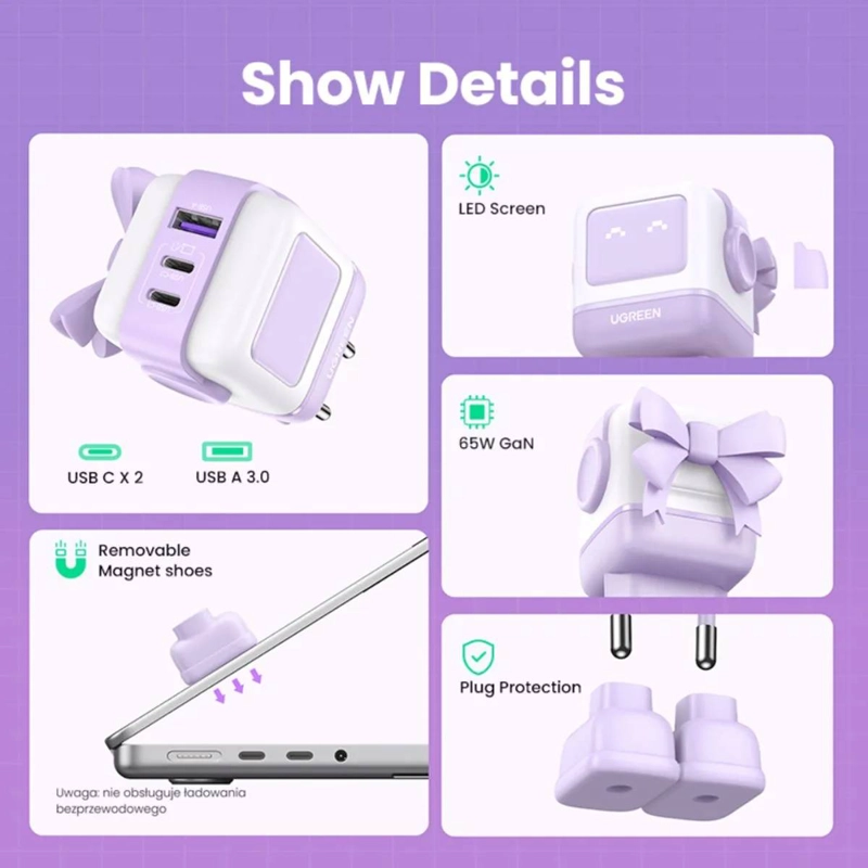 ROBOT GAN CARGADOR UGREEN TECH 65W 1 USB-A + 2 USB-C PURPURA - 3