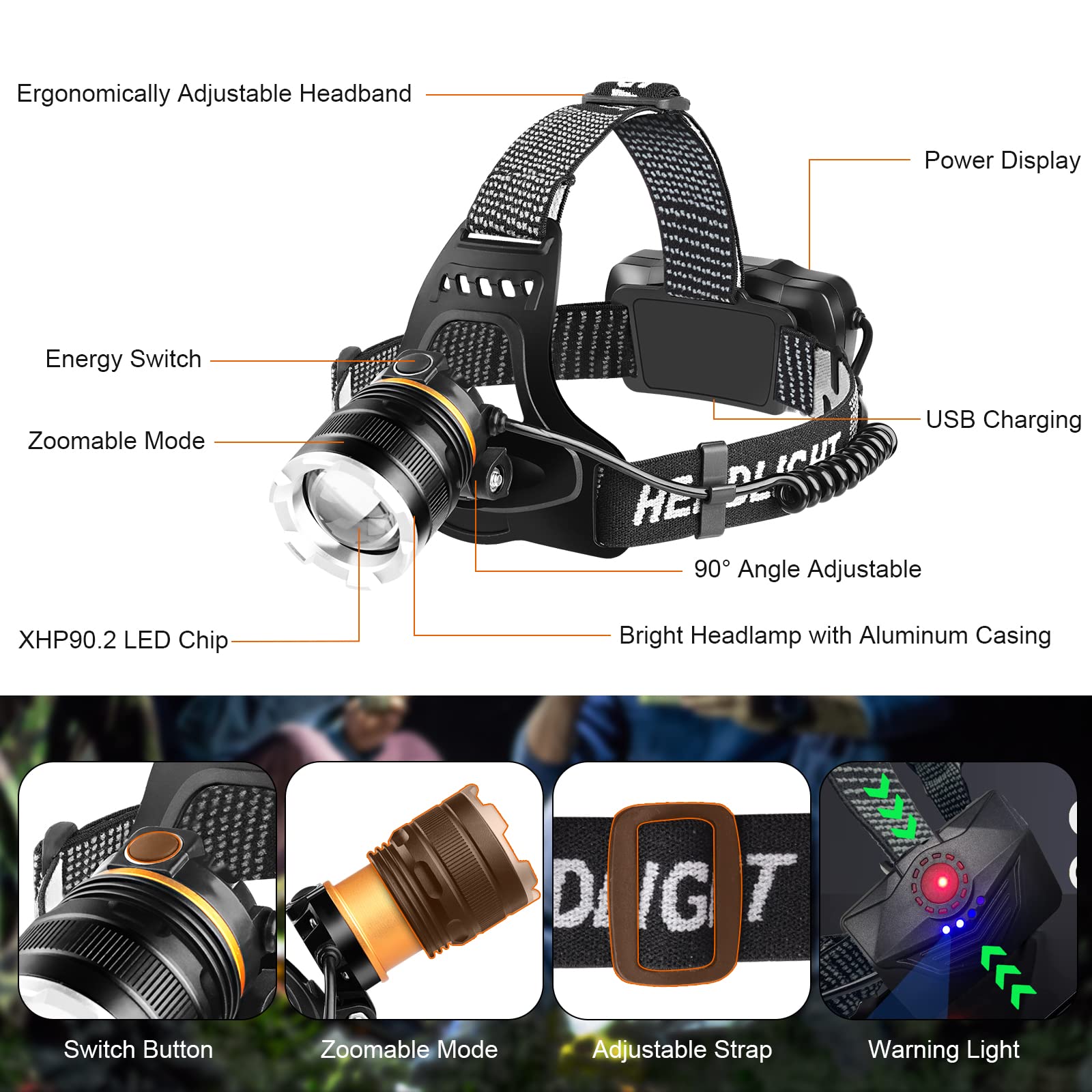 LINTERNA FRONTAL LED RECARGABLE SENSOR USB CAMPING RONDON - 5