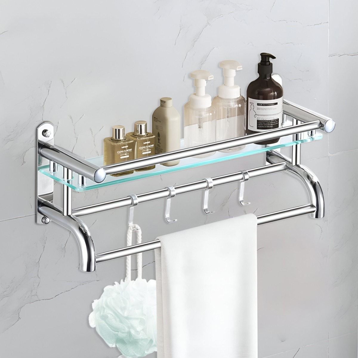 ESTANTE ORGANIZADOR BAÑO VIDRIO TOALLERO ACERO INOXIDABLE - 9