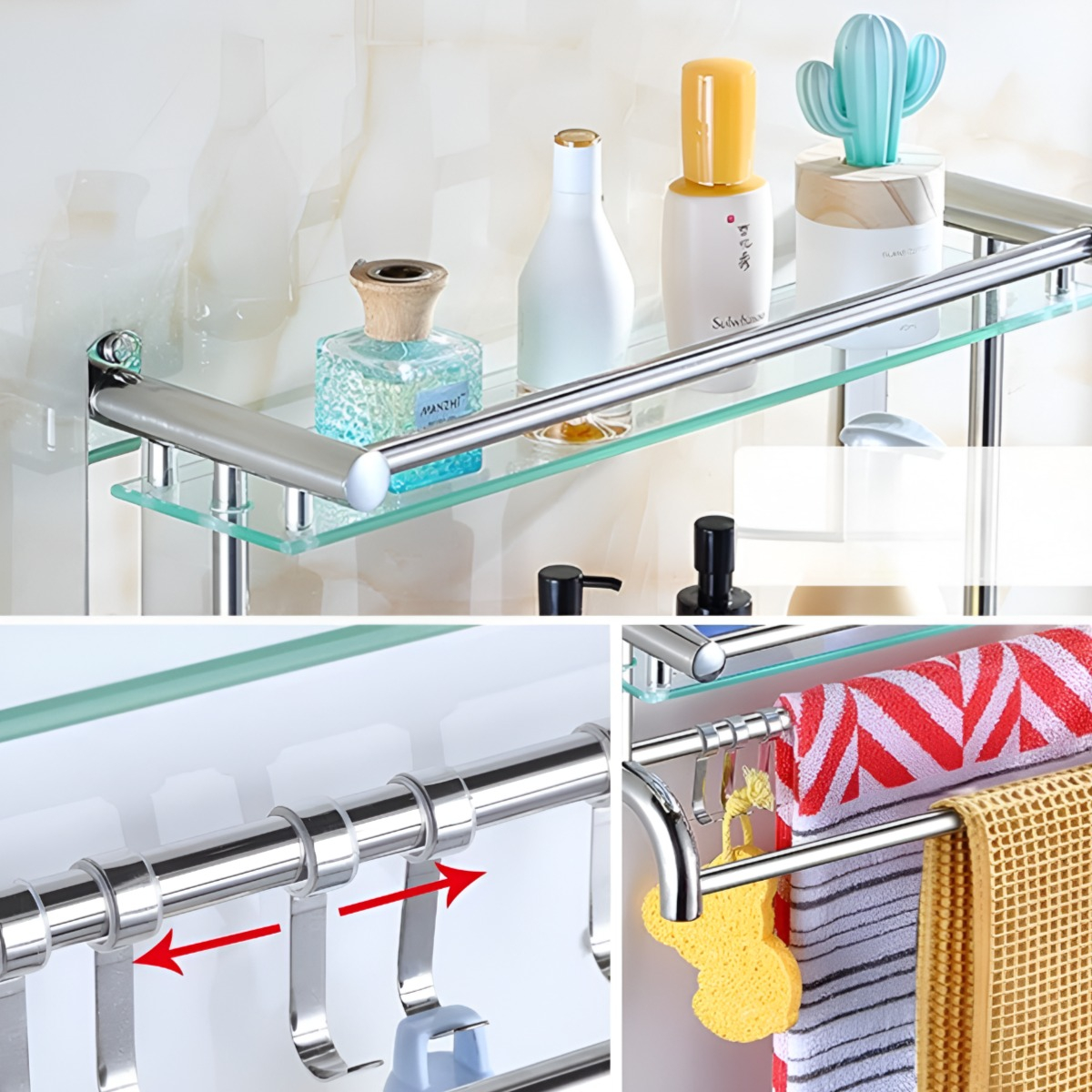 ESTANTE ORGANIZADOR BAÑO ACERO INOXIDABLE VIDRIO TOALLERO - 6