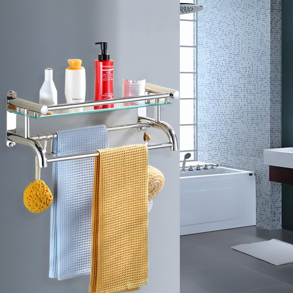 ESTANTE ORGANIZADOR BAÑO ACERO INOXIDABLE VIDRIO TOALLERO - 7