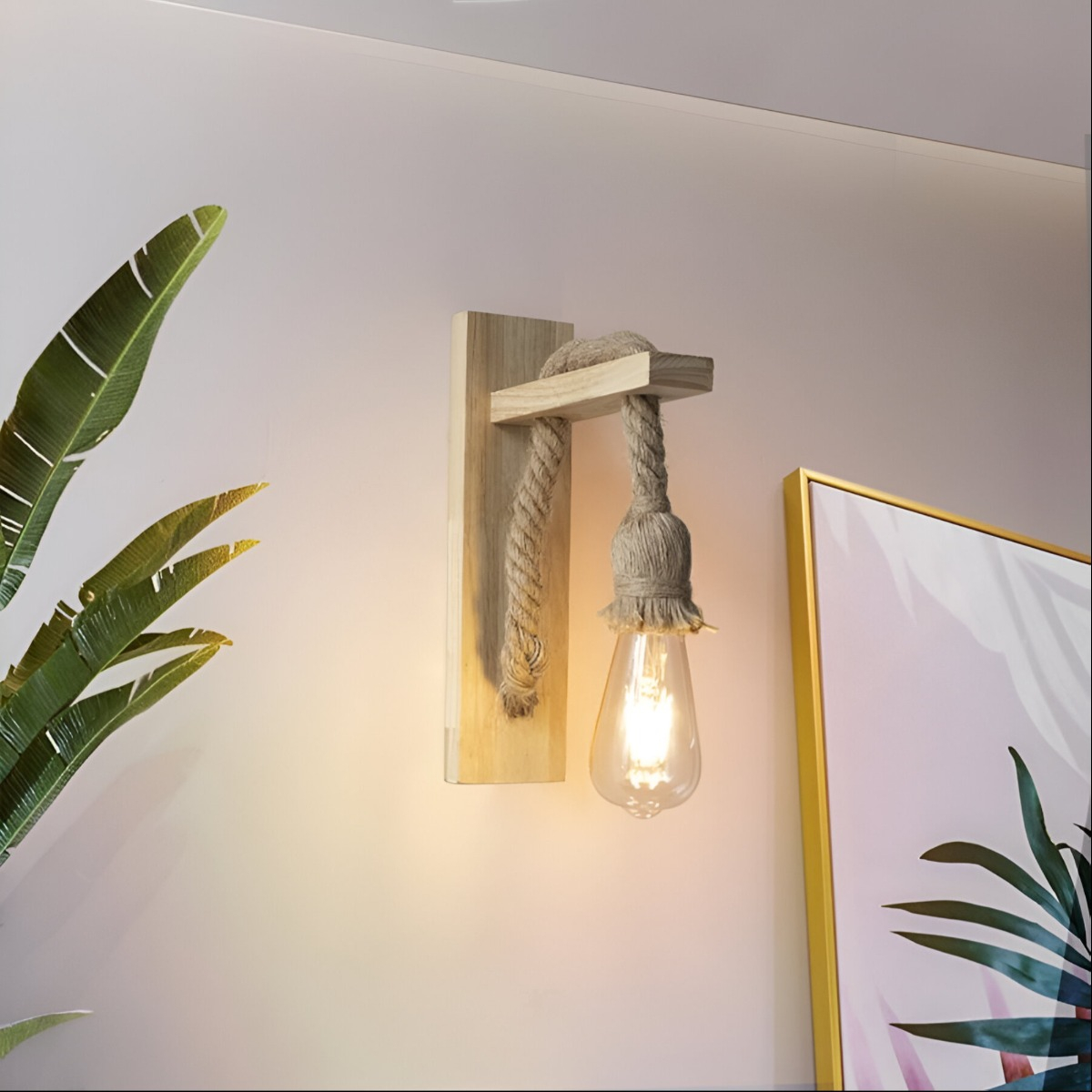 LÁMPARA PARED MADERA VINTAGE RÚSTICA RETRO SOGA JHN CAFÉ CLARO - 5