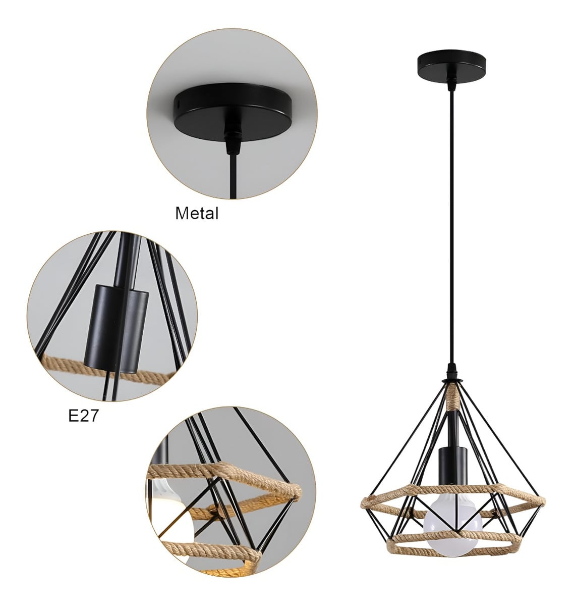 LÁMPARA TECHO COLGANTE DIAMANTE CAÑAMO CUERDA METAL JHN NEGRO - 4