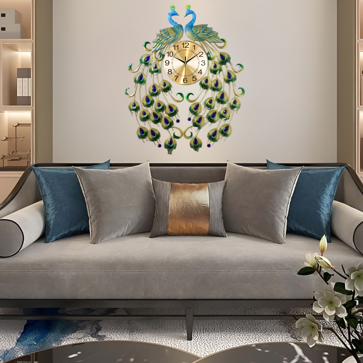 RELOJ ANALÓGICO PARED DISEÑO DOBLE PAVO REAL DECORATIVO JHN - 8