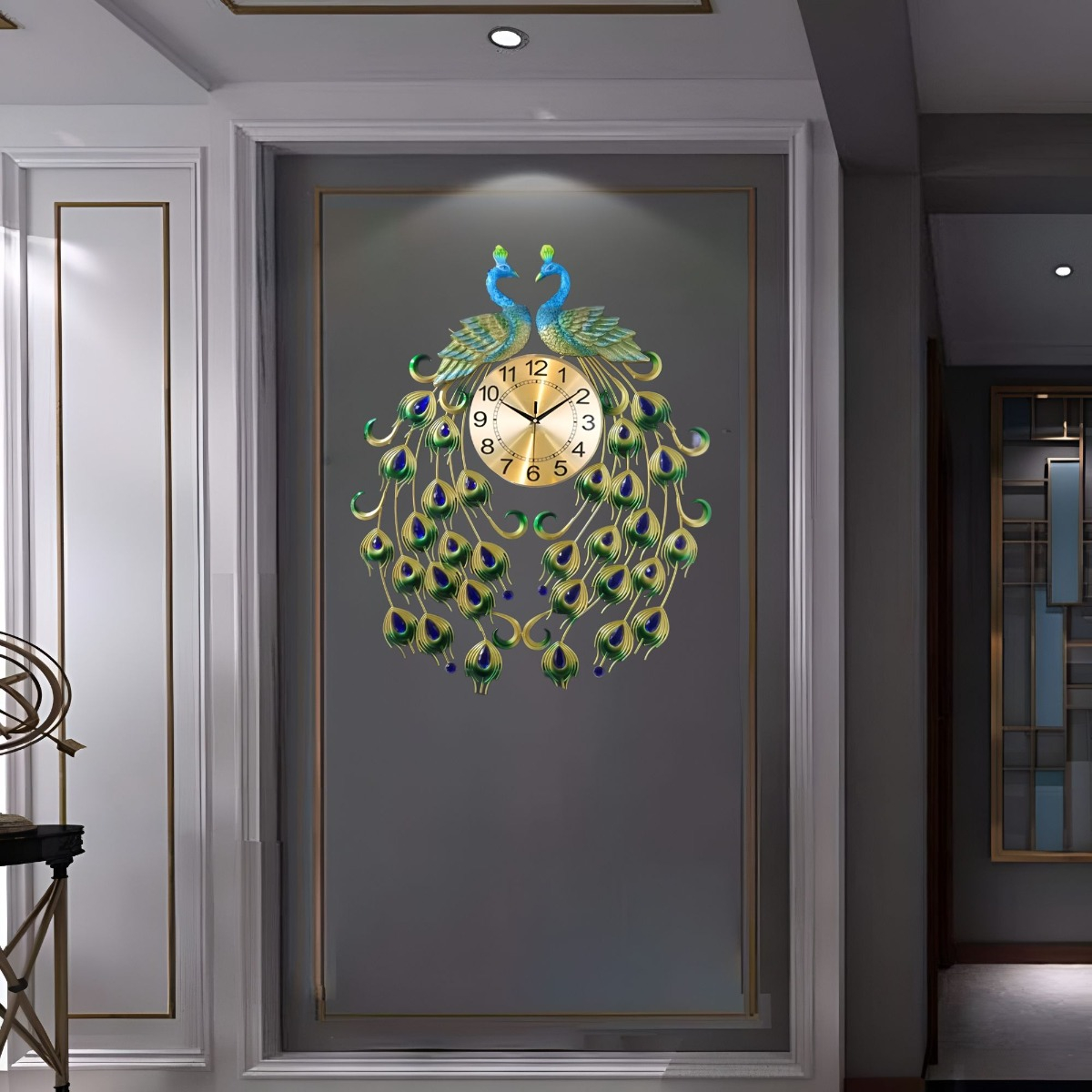 RELOJ ANALÓGICO PARED DISEÑO DOBLE PAVO REAL DECORATIVO JHN - 10
