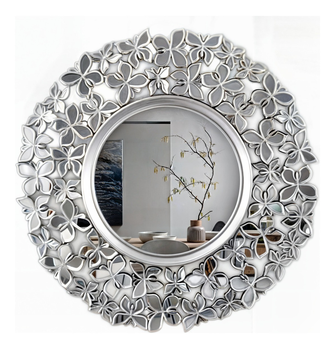 ESPEJO DECORATIVO MARCO PLATEADO MARIPOSAS REDONDO 60CM JHN - 3