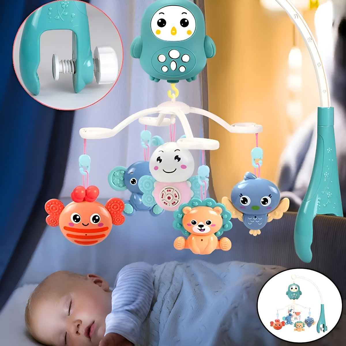 MÓVIL MUSICAL MULTICOLOR CUNA BEBÉ GIRATORIO COLGANTE LUZ SOPORTE JHN - 5